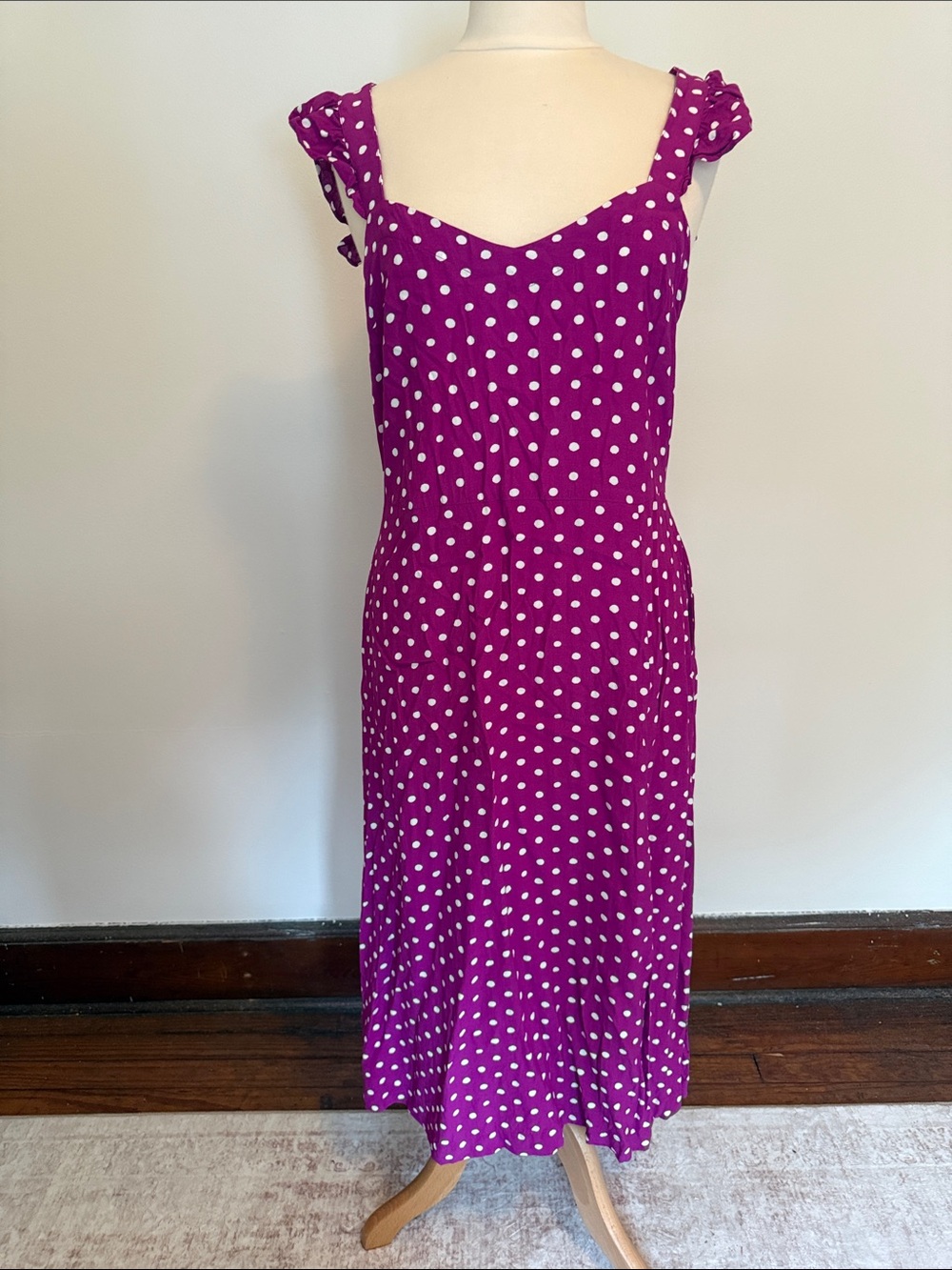 LOFT Fuchsia Polka Dot Midi Dress with Ruffle Straps